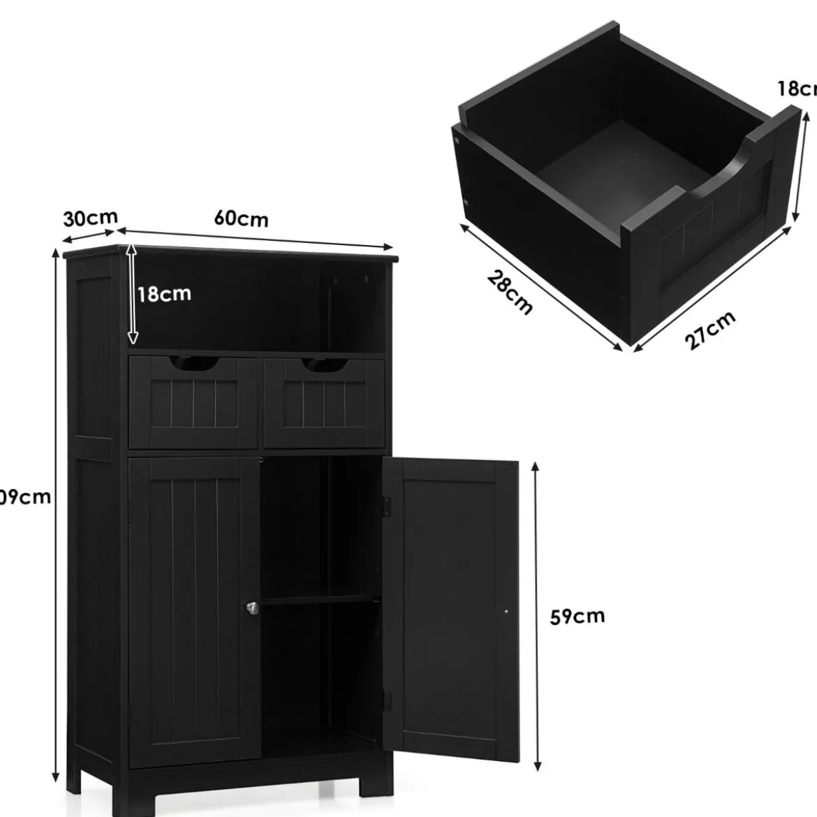 Badezimmerschrank mit höhenverstellbarer Ablage Badschrank 60 x 30 x 109 cm Schwarz