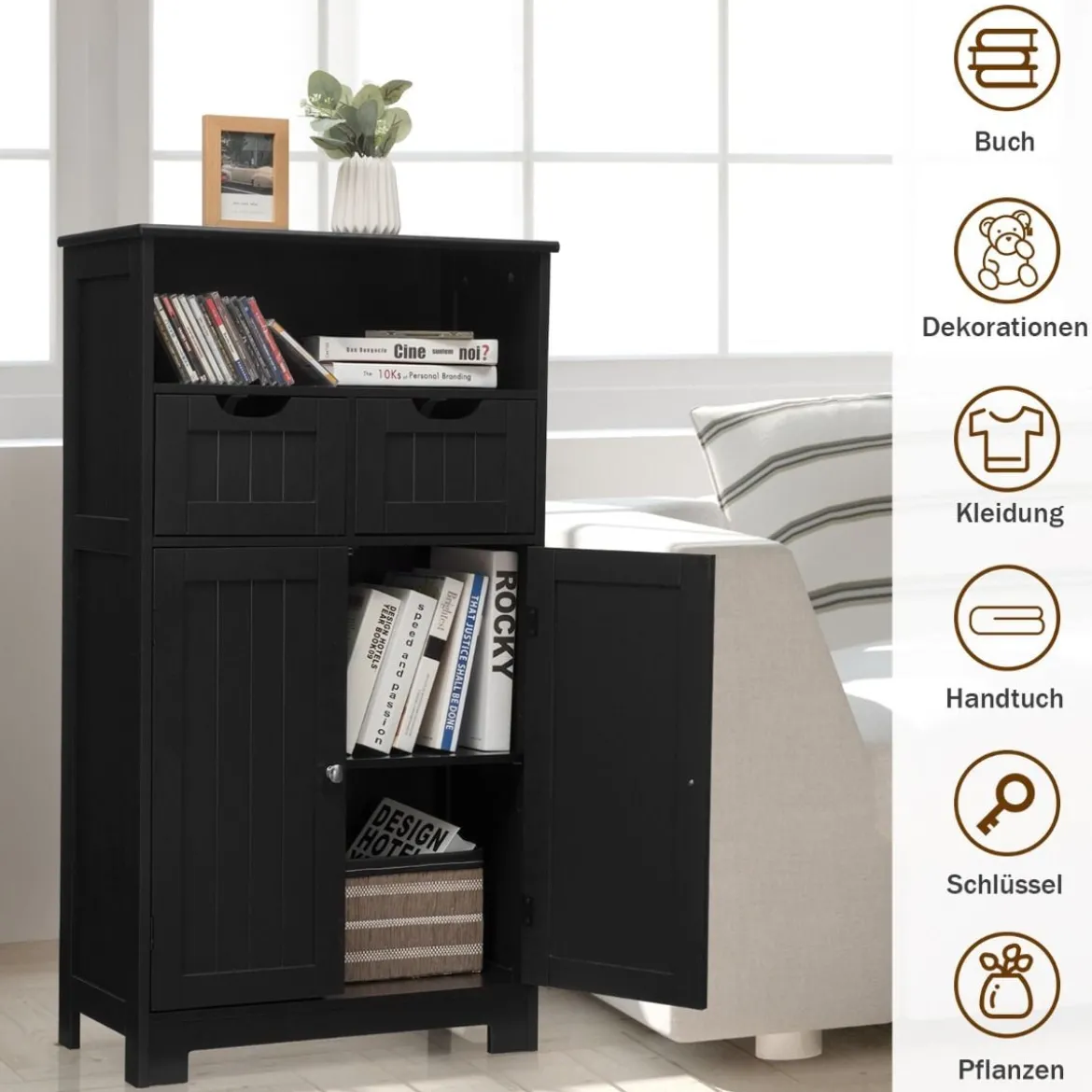 Badezimmerschrank mit höhenverstellbarer Ablage Badschrank 60 x 30 x 109 cm Schwarz