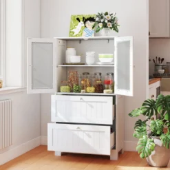 Badezimmerschrank mit 2 Schubladen & 2 Glastüren & Verstellbares Regal Hochschrank Weiß