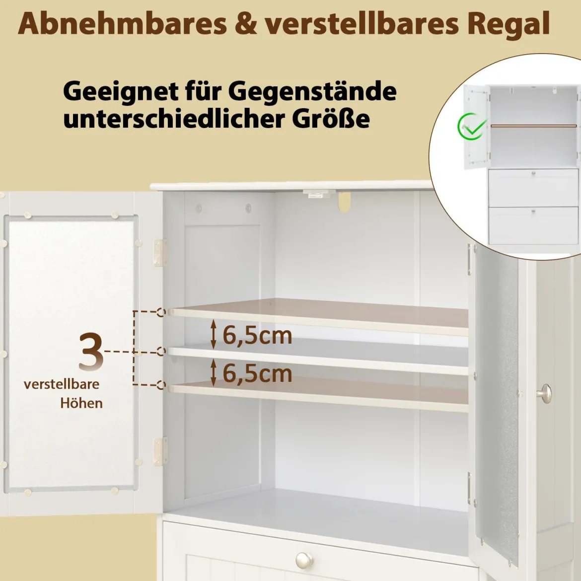 Badezimmerschrank mit 2 Schubladen & 2 Glastüren & Verstellbares Regal Hochschrank Weiß
