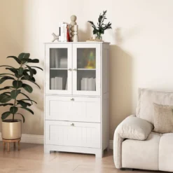 Badezimmerschrank mit 2 Schubladen & 2 Glastüren & Verstellbares Regal Hochschrank Weiß