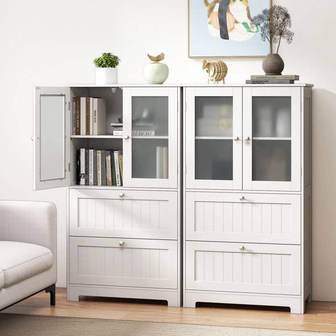 Badezimmerschrank mit 2 Schubladen & 2 Glastüren & Verstellbares Regal Hochschrank Weiß