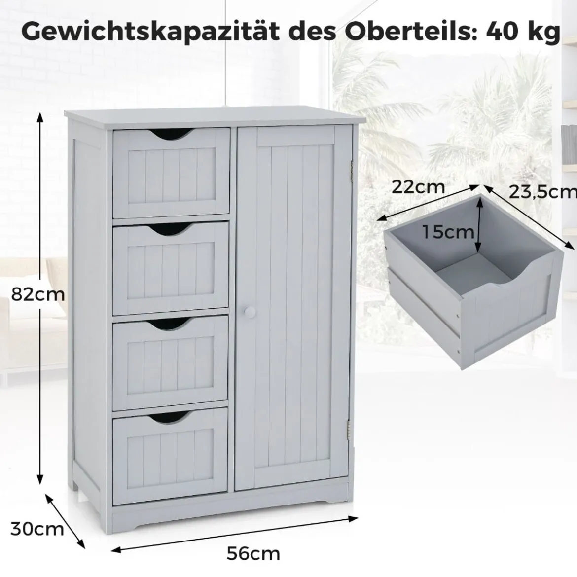 Badezimmerschrank mit 4 Schubladen & 1 Magnetischer Türverschluss Badschrank Grau