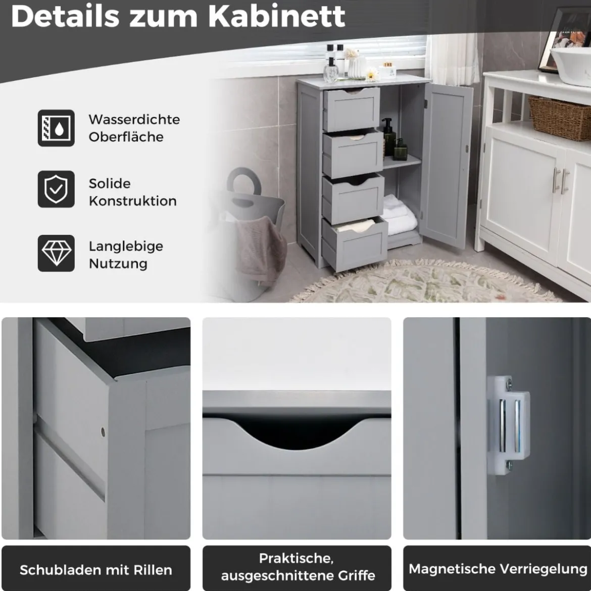 Badezimmerschrank mit 4 Schubladen & 1 Magnetischer Türverschluss Badschrank Grau