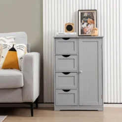Badezimmerschrank mit 4 Schubladen & 1 Magnetischer Türverschluss Badschrank Grau