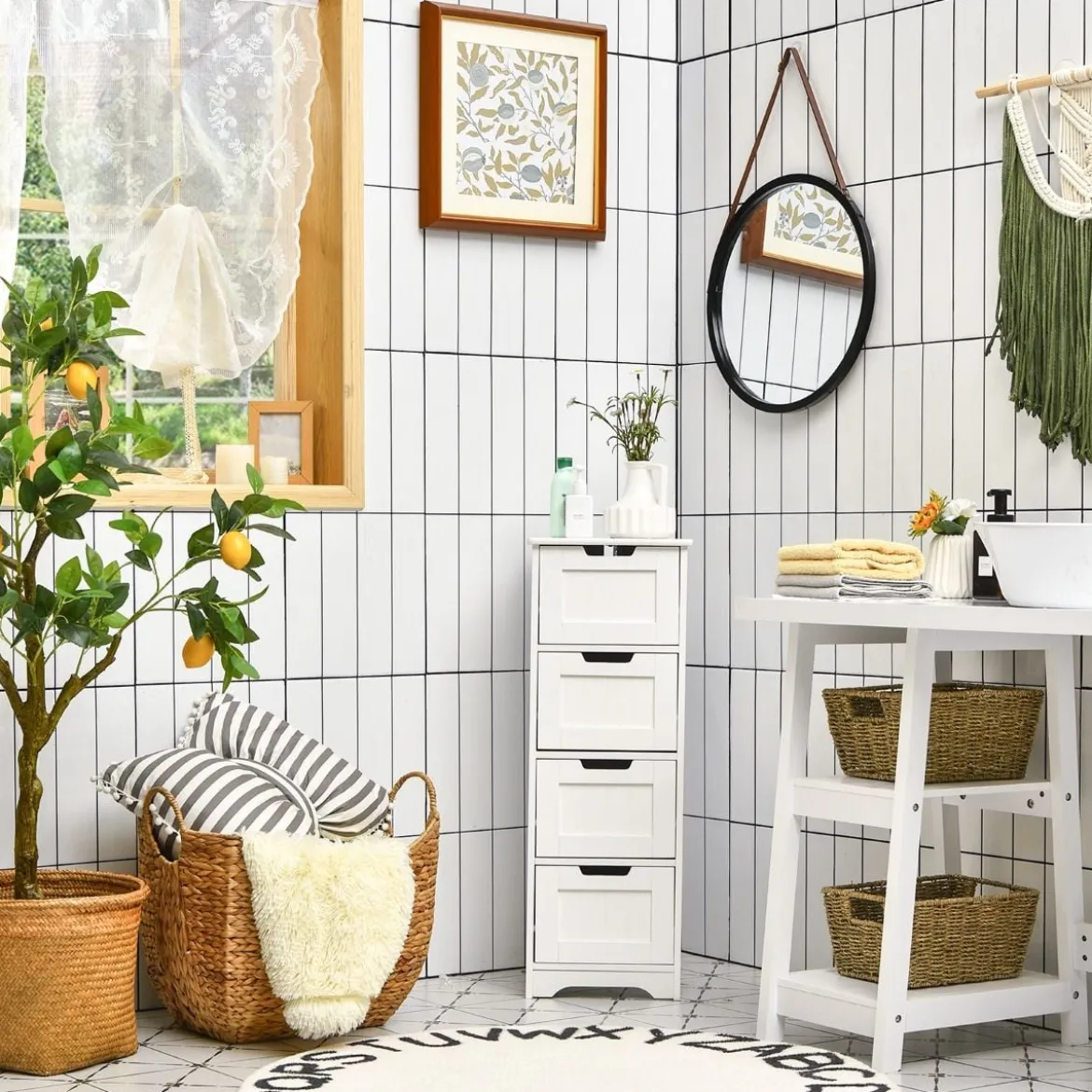 Badezimmerschrank mit 4 Schubladen Aufbewahrungsschrank Badkommode 30 x 30 x 83 cm Weiß