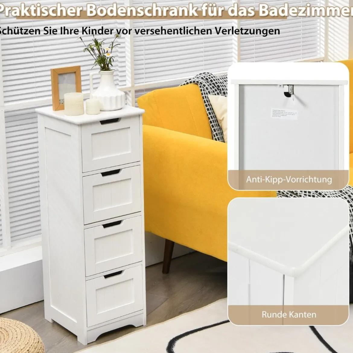 Badezimmerschrank mit 4 Schubladen Aufbewahrungsschrank Badkommode 30 x 30 x 83 cm Weiß