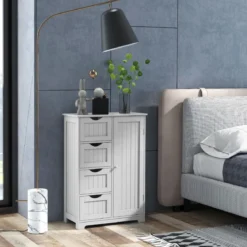 Badezimmerschrank mit 4 Schubladen & 1 Magnetischer Türverschluss Badschrank Weiß