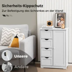 Badezimmerschrank mit 4 Schubladen & 1 Magnetischer Türverschluss Badschrank Weiß