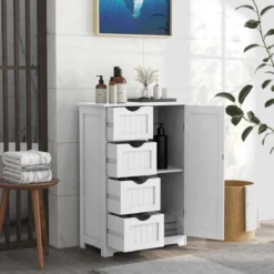 Badezimmerschrank mit 4 Schubladen & 1 Magnetischer Türverschluss Badschrank Weiß