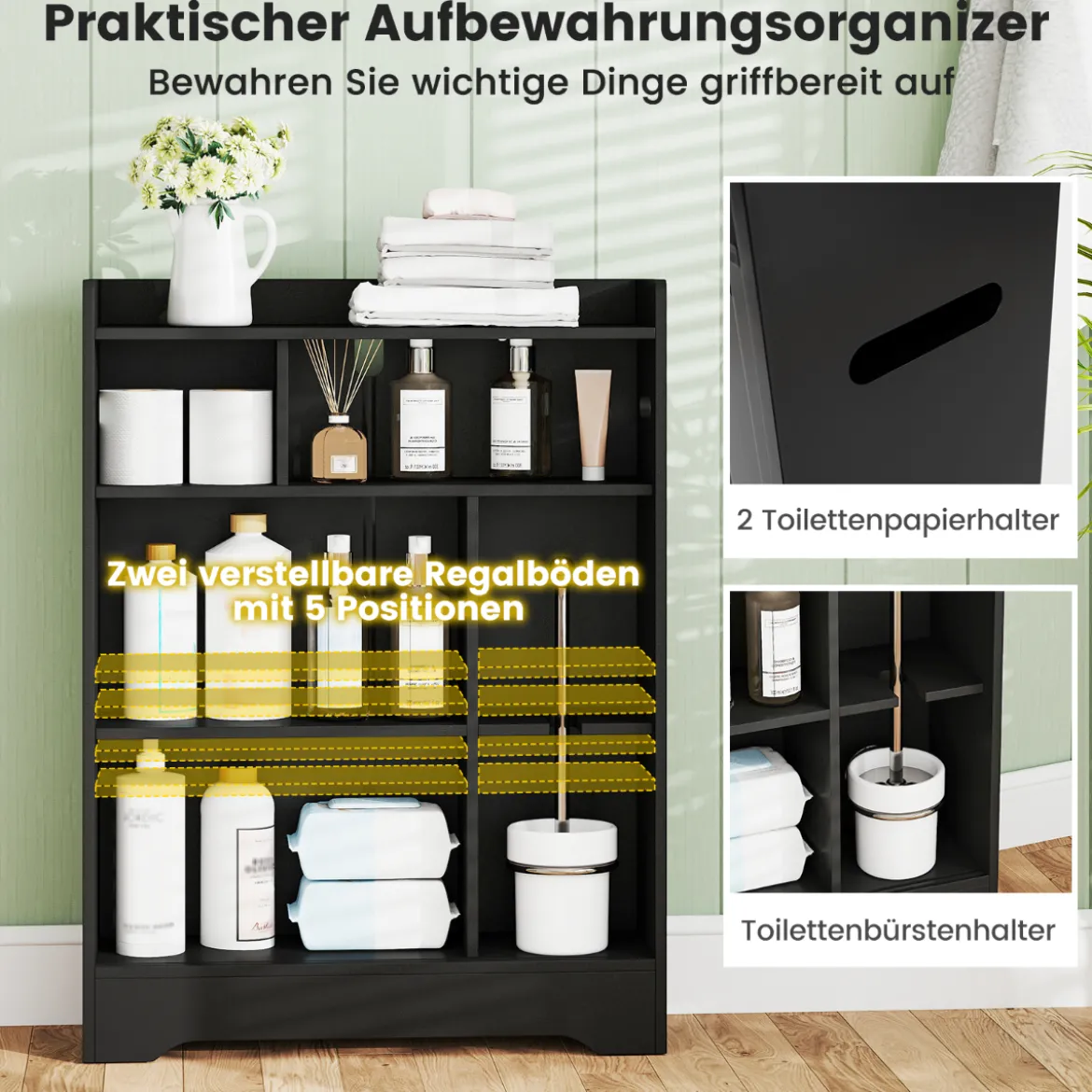 Badezimmerschrank mit Seitlichem Toilettenpapierhalter & Bürstenfach Nischenschrank Schwarz