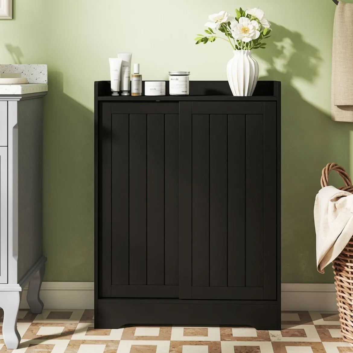 Badezimmerschrank mit Seitlichem Toilettenpapierhalter & Bürstenfach Nischenschrank Schwarz