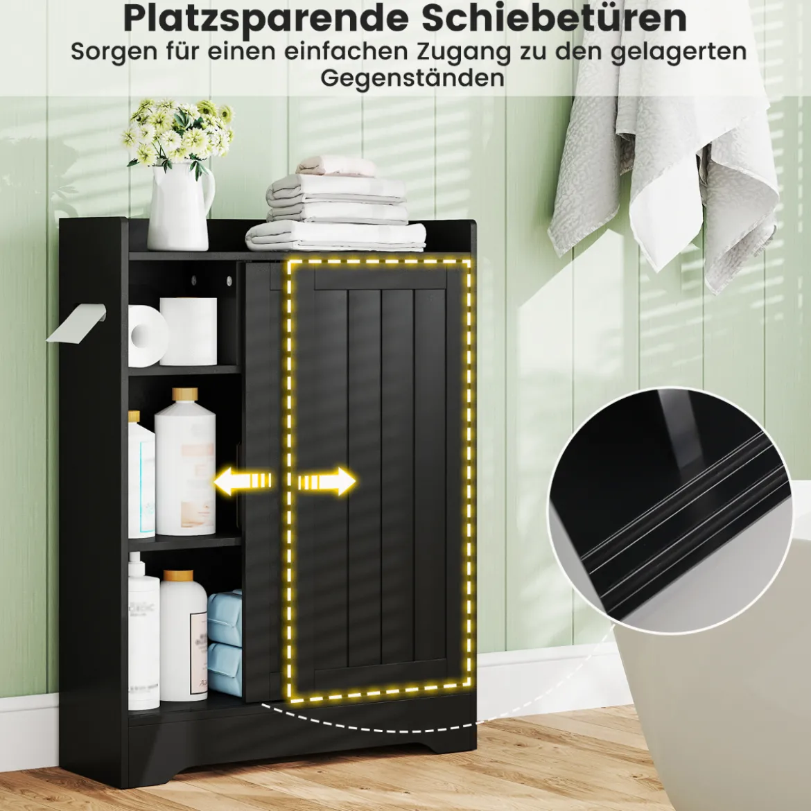Badezimmerschrank mit Seitlichem Toilettenpapierhalter & Bürstenfach Nischenschrank Schwarz
