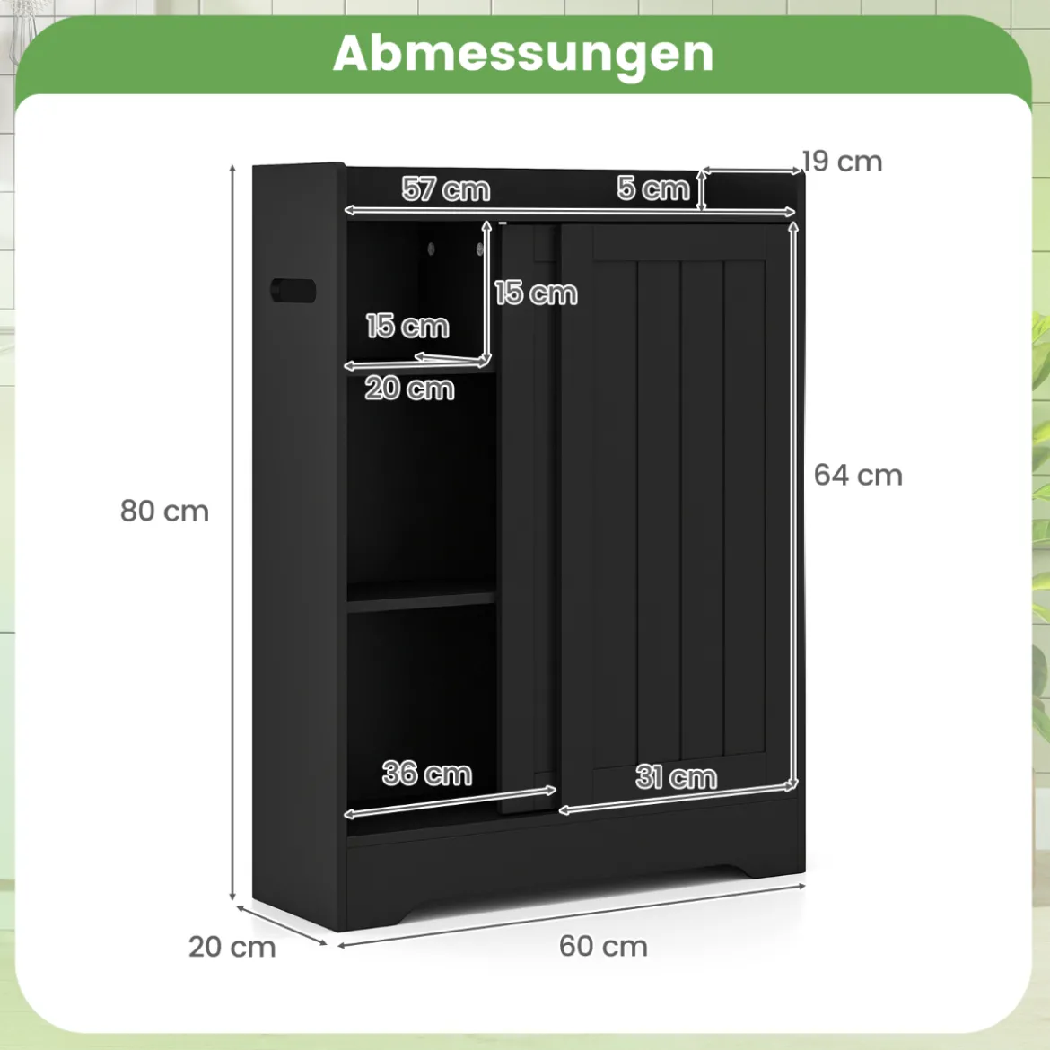 Badezimmerschrank mit Seitlichem Toilettenpapierhalter & Bürstenfach Nischenschrank Schwarz