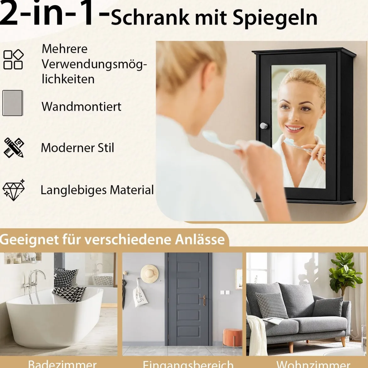 Badezimmerschrank mit Spiegel Medizinschrank mit verstellbarem Regal & Einzeltür Mehrzweck-Wandschrank Schwarz