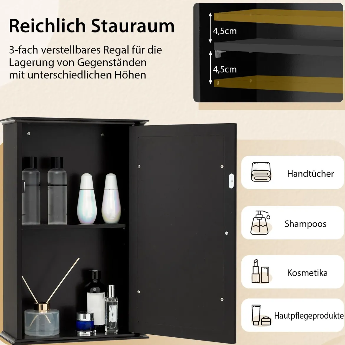 Badezimmerschrank mit Spiegel Medizinschrank mit verstellbarem Regal & Einzeltür Mehrzweck-Wandschrank Schwarz