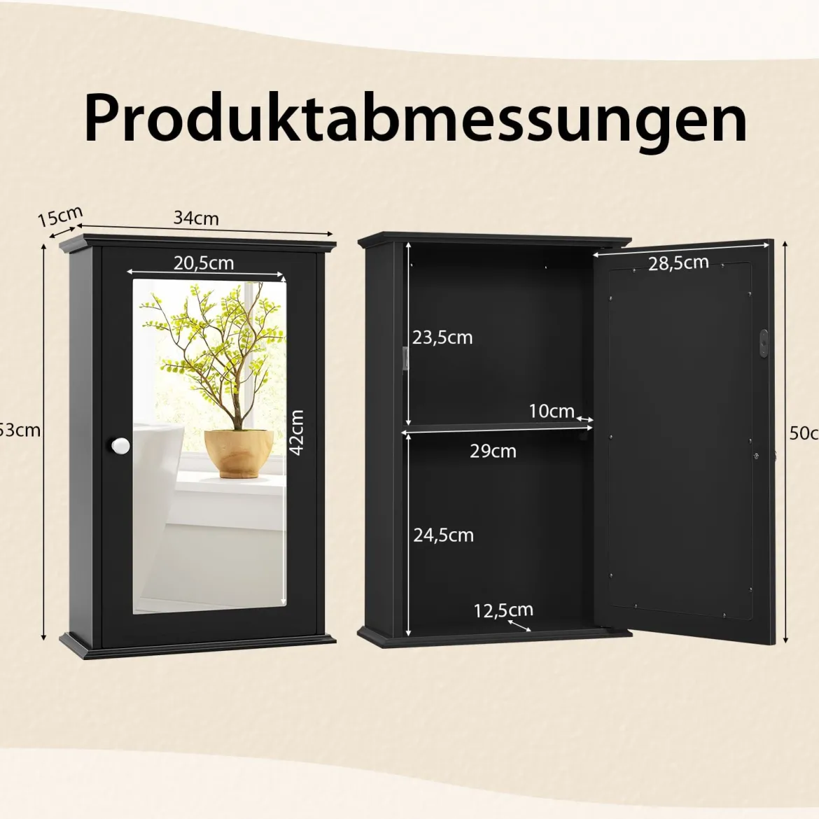 Badezimmerschrank mit Spiegel Medizinschrank mit verstellbarem Regal & Einzeltür Mehrzweck-Wandschrank Schwarz