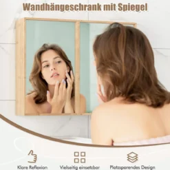 Badezimmerschrank mit Spiegel & Doppel-Türen & 2 Verstellbaren Regalen Bambus Spiegelschrank