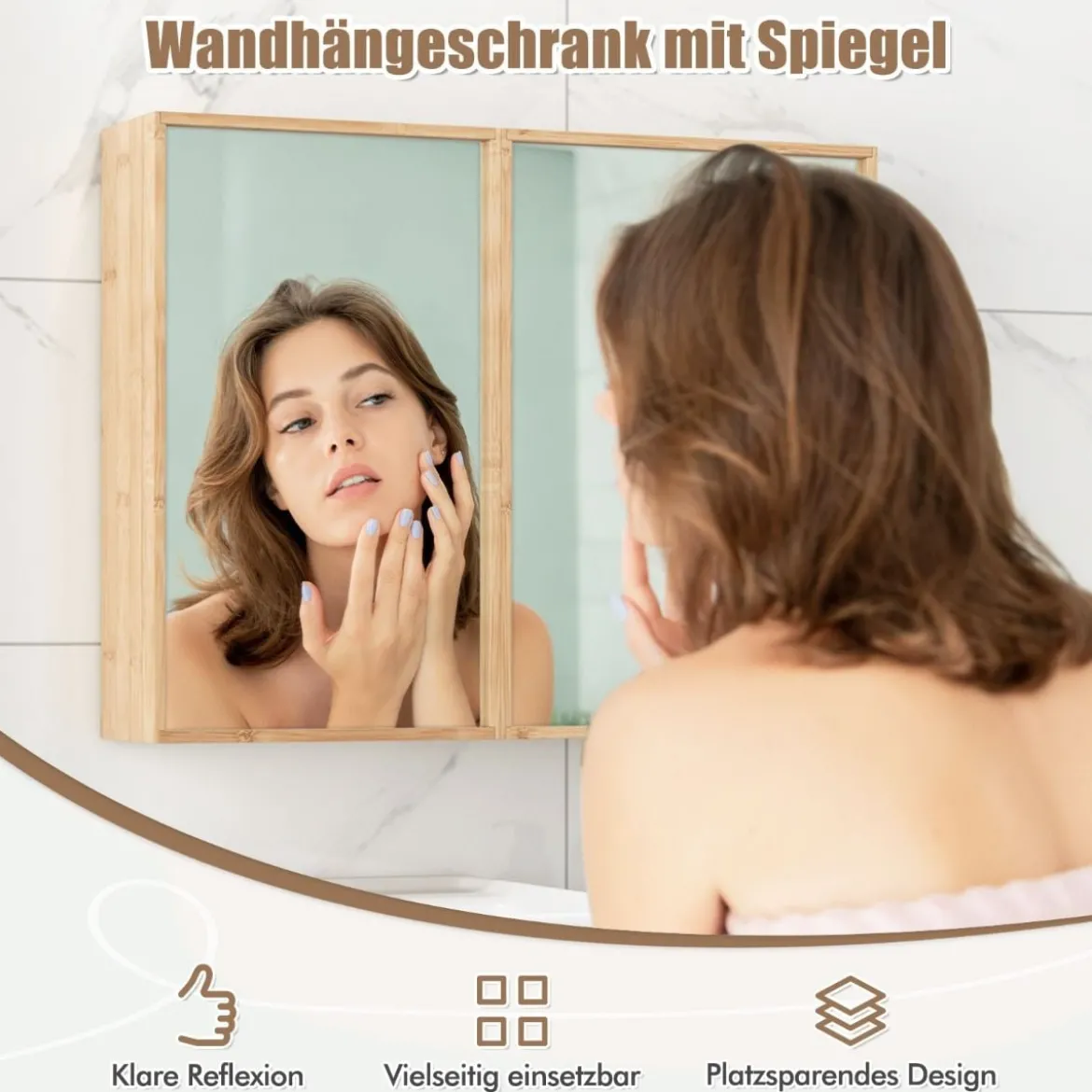 Badezimmerschrank mit Spiegel & Doppel-Türen & 2 Verstellbaren Regalen Bambus Spiegelschrank