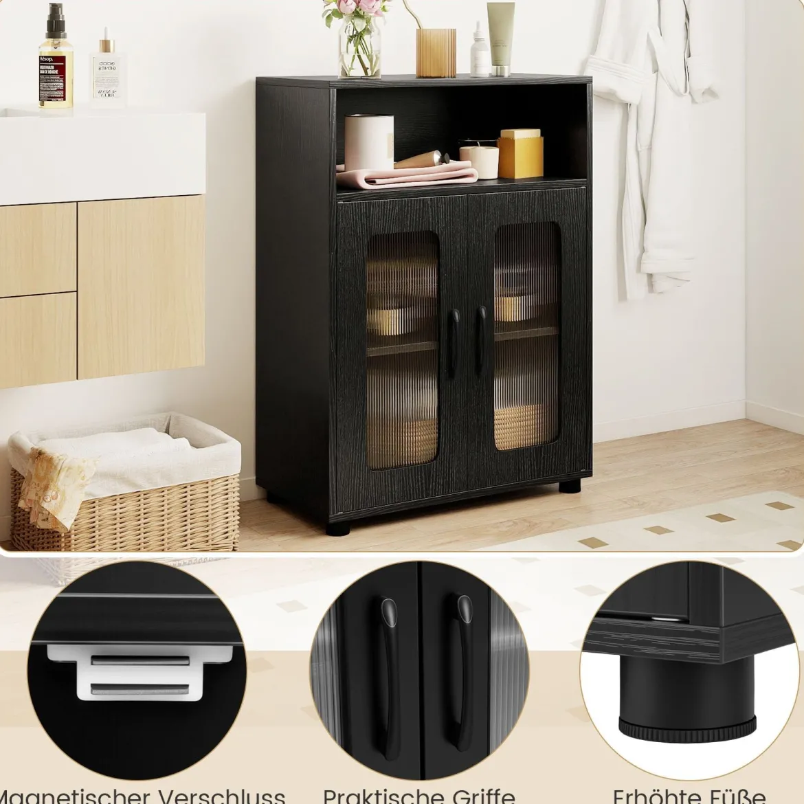 Badezimmerschrank mit 2 Türen & 3-stufig Verstellbarem Regal Freistehender Badschrank Schwarz