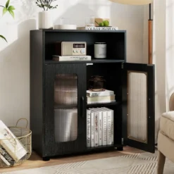 Badezimmerschrank mit 2 Türen & 3-stufig Verstellbarem Regal Freistehender Badschrank Schwarz