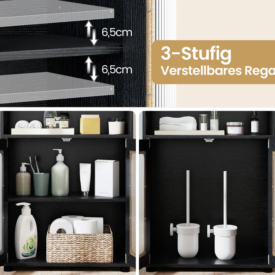Badezimmerschrank mit 2 Türen & 3-stufig Verstellbarem Regal Freistehender Badschrank Schwarz