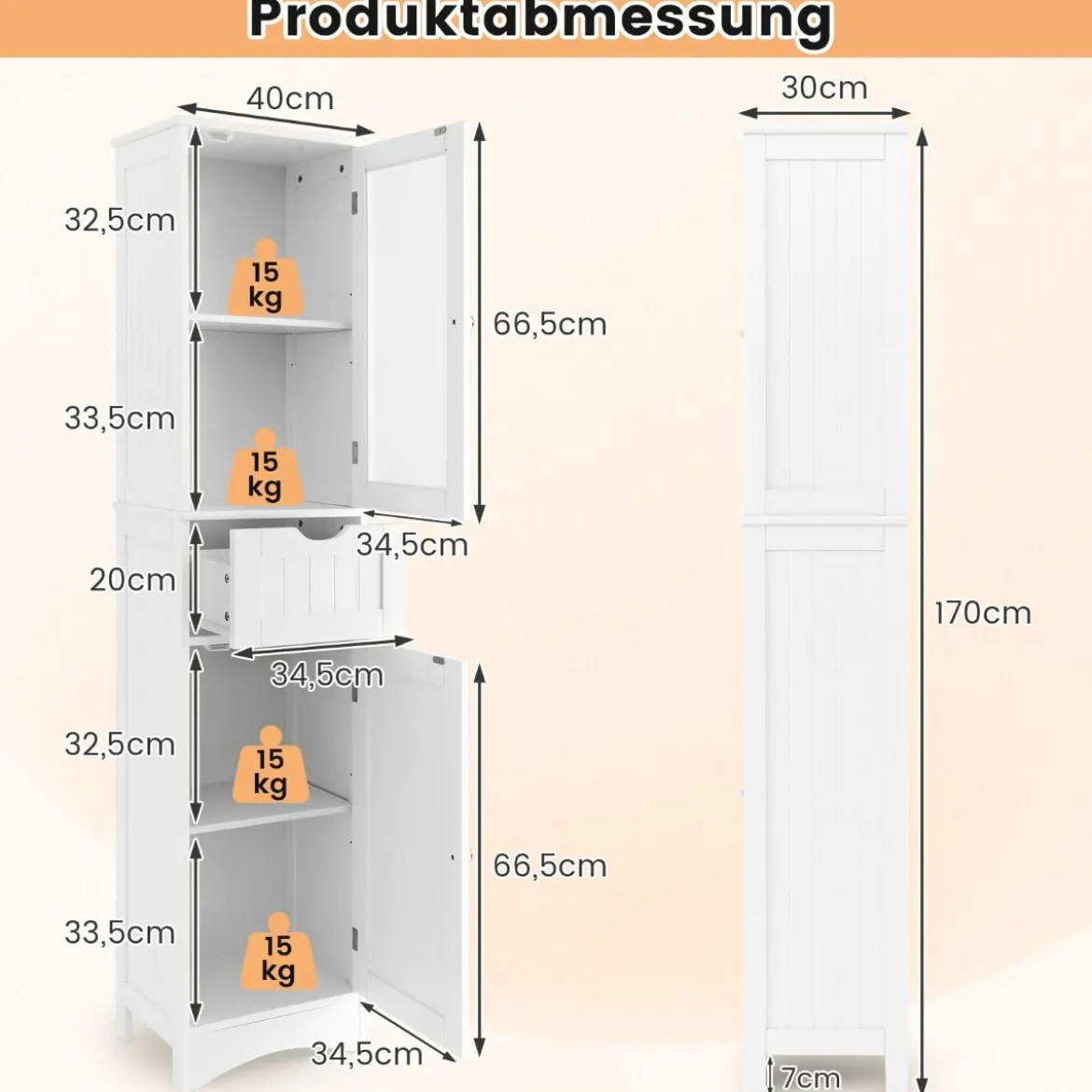 Badezimmerschrank mit 2 Türen & 1 Schublade Freistehender Hochschrank 40 x 30 x 170 cm
