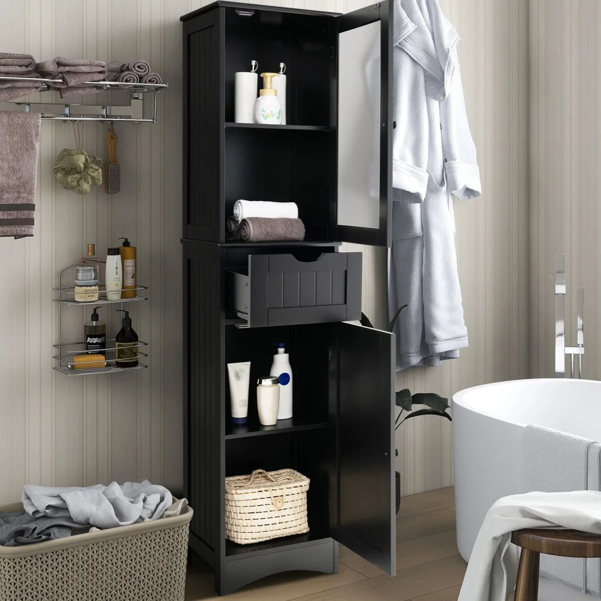 Badezimmerschrank mit 2 Türen & 1 Schublade Freistehender Hochschrank 40 x 30 x 170 cm