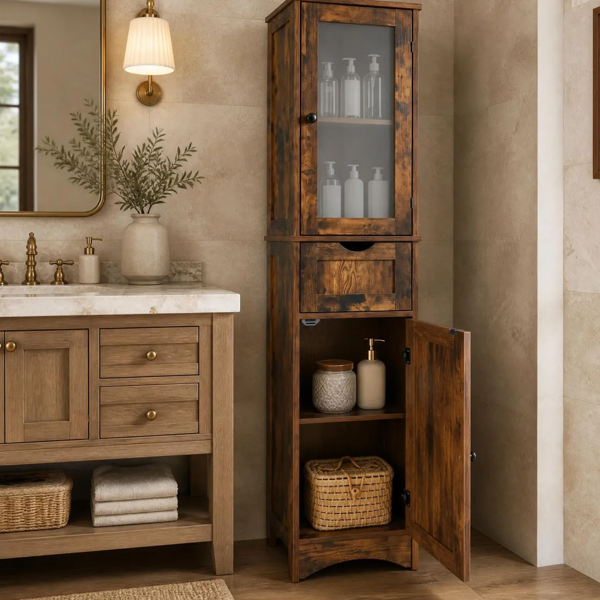 Badezimmerschrank mit 2 Türen & 1 Schublade Freistehender Hochschrank 40 x 30 x 170 cm
