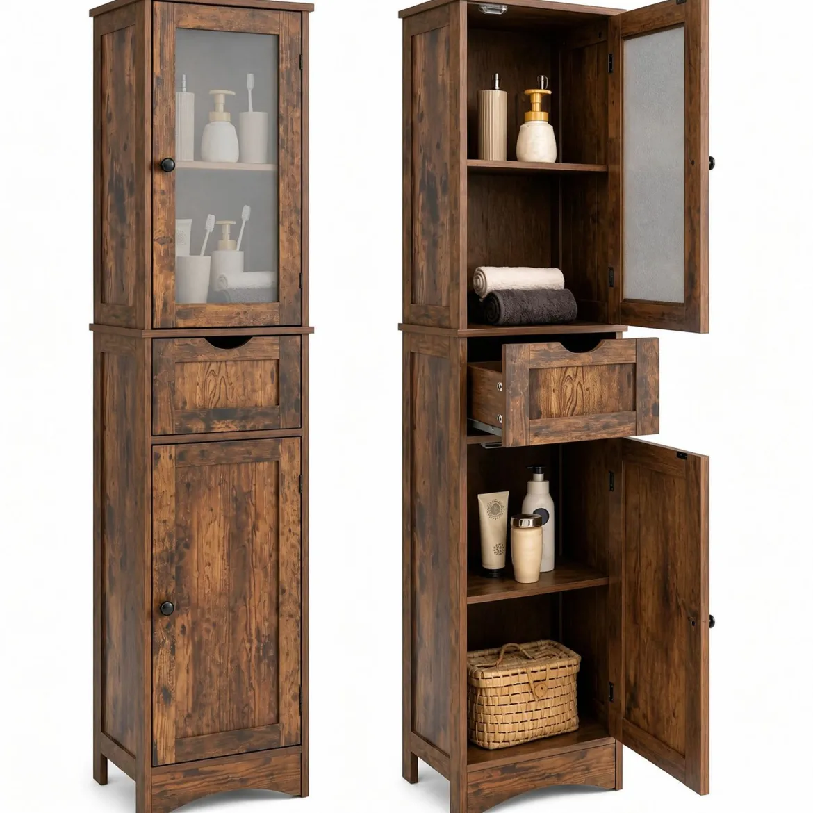 Badezimmerschrank mit 2 Türen & 1 Schublade Freistehender Hochschrank 40 x 30 x 170 cm