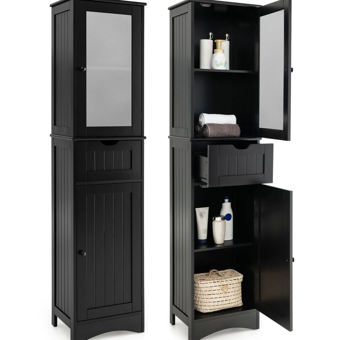 Badezimmerschrank mit 2 Türen & 1 Schublade Freistehender Hochschrank 40 x 30 x 170 cm