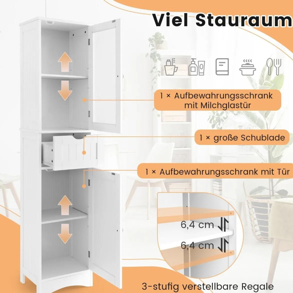 Badezimmerschrank mit 2 Türen & 1 Schublade Freistehender Hochschrank 40 x 30 x 170 cm