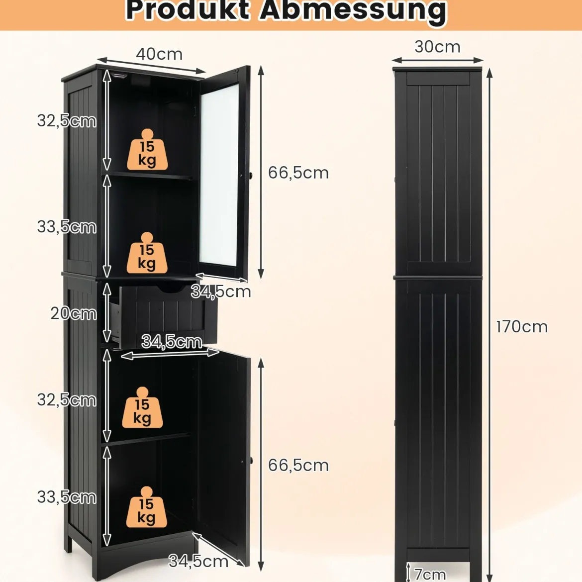 Badezimmerschrank mit 2 Türen & 1 Schublade Freistehender Hochschrank 40 x 30 x 170 cm
