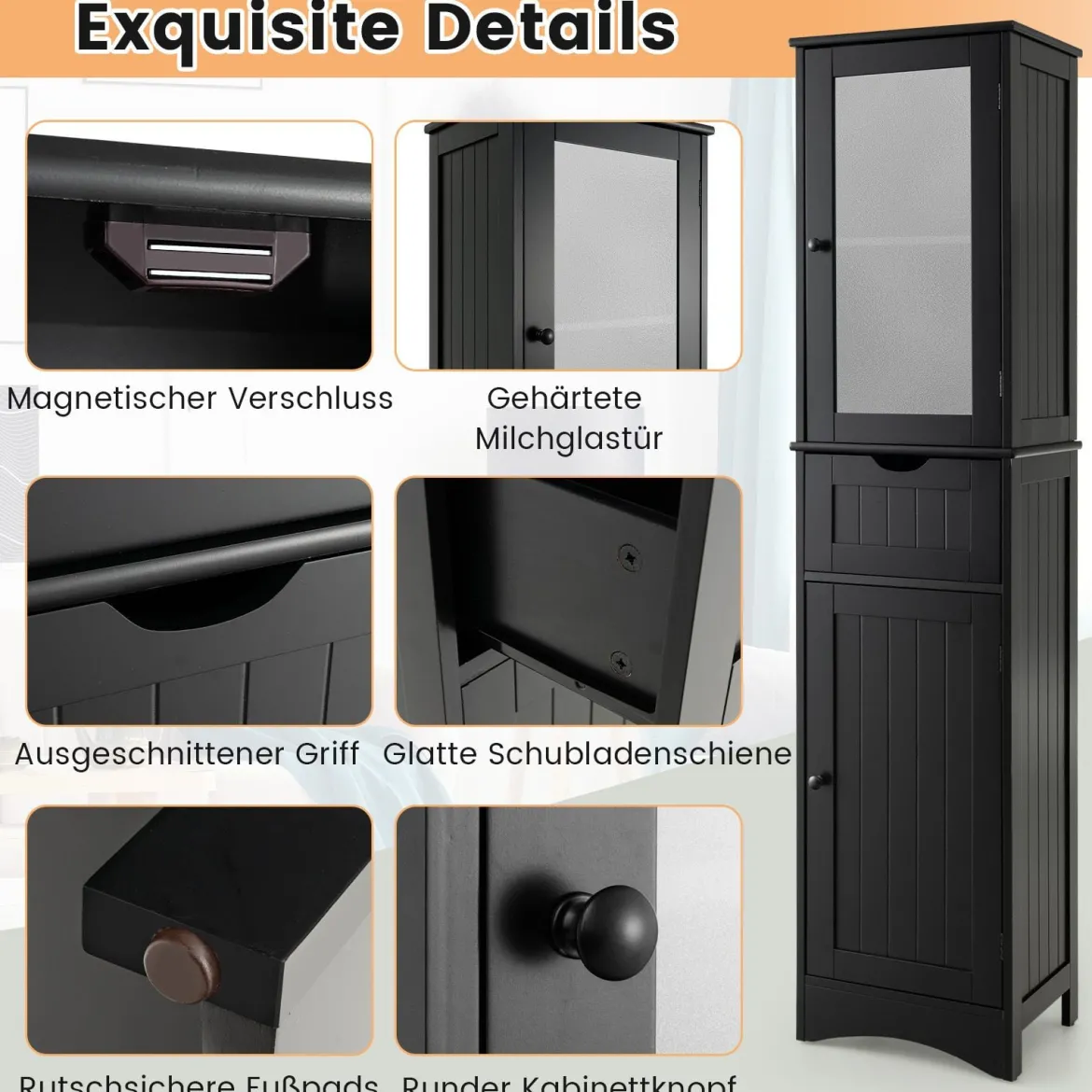 Badezimmerschrank mit 2 Türen & 1 Schublade Freistehender Hochschrank 40 x 30 x 170 cm