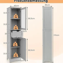 Badezimmerschrank mit 2 Türen & 1 Schublade Freistehender Hochschrank 40 x 30 x 170 cm