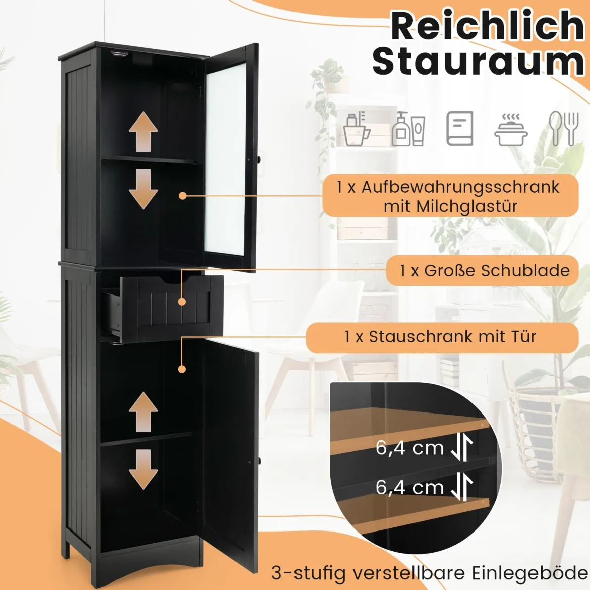 Badezimmerschrank mit 2 Türen & 1 Schublade Freistehender Hochschrank 40 x 30 x 170 cm
