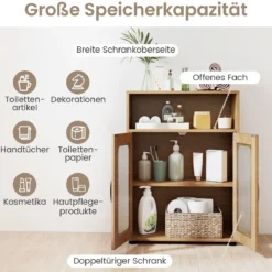 Badezimmerschrank mit 2 Türen & 3-stufig Verstellbarem Regal Freistehender Badschrank Natur