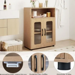 Badezimmerschrank mit 2 Türen & 3-stufig Verstellbarem Regal Freistehender Badschrank Natur
