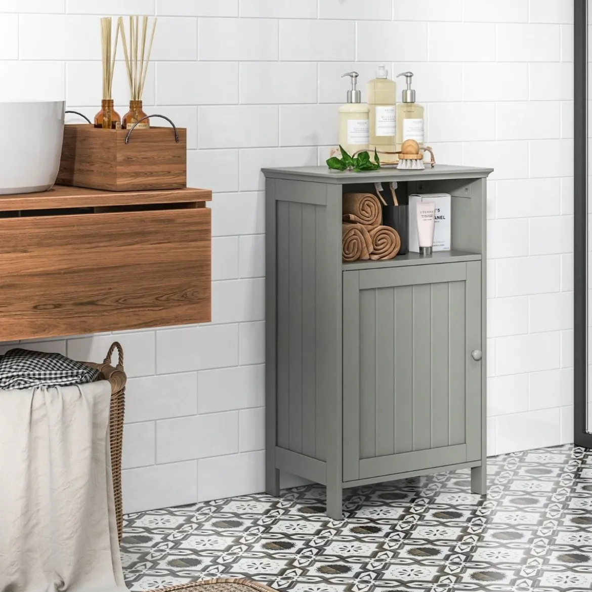 Badezimmerschrank mit Tür & Verstellbarem Regal Multifunktionales Freistehendes Regal Grau