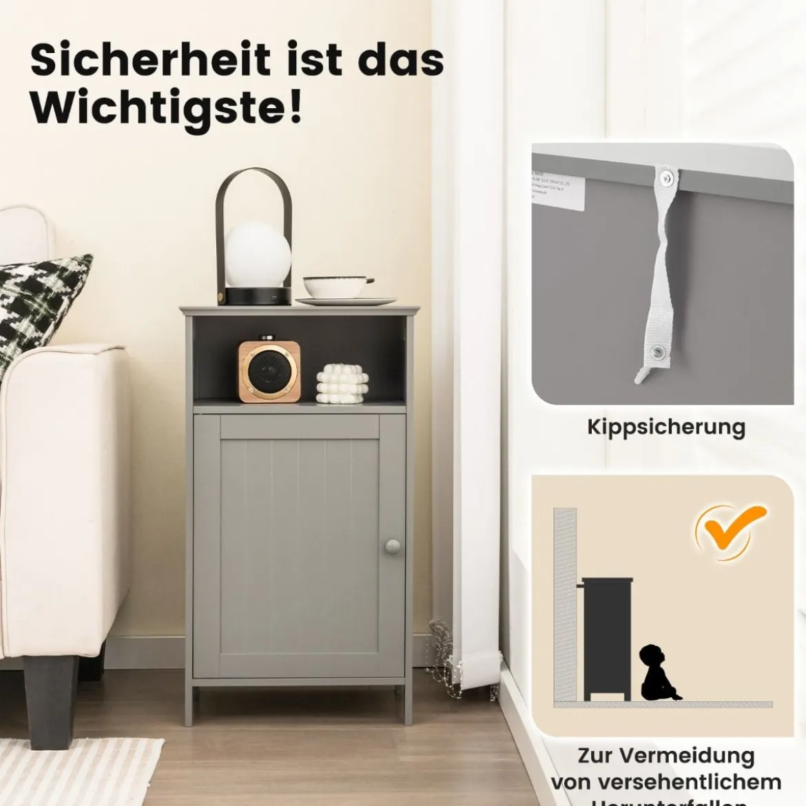 Badezimmerschrank mit Tür & Verstellbarem Regal Multifunktionales Freistehendes Regal Grau
