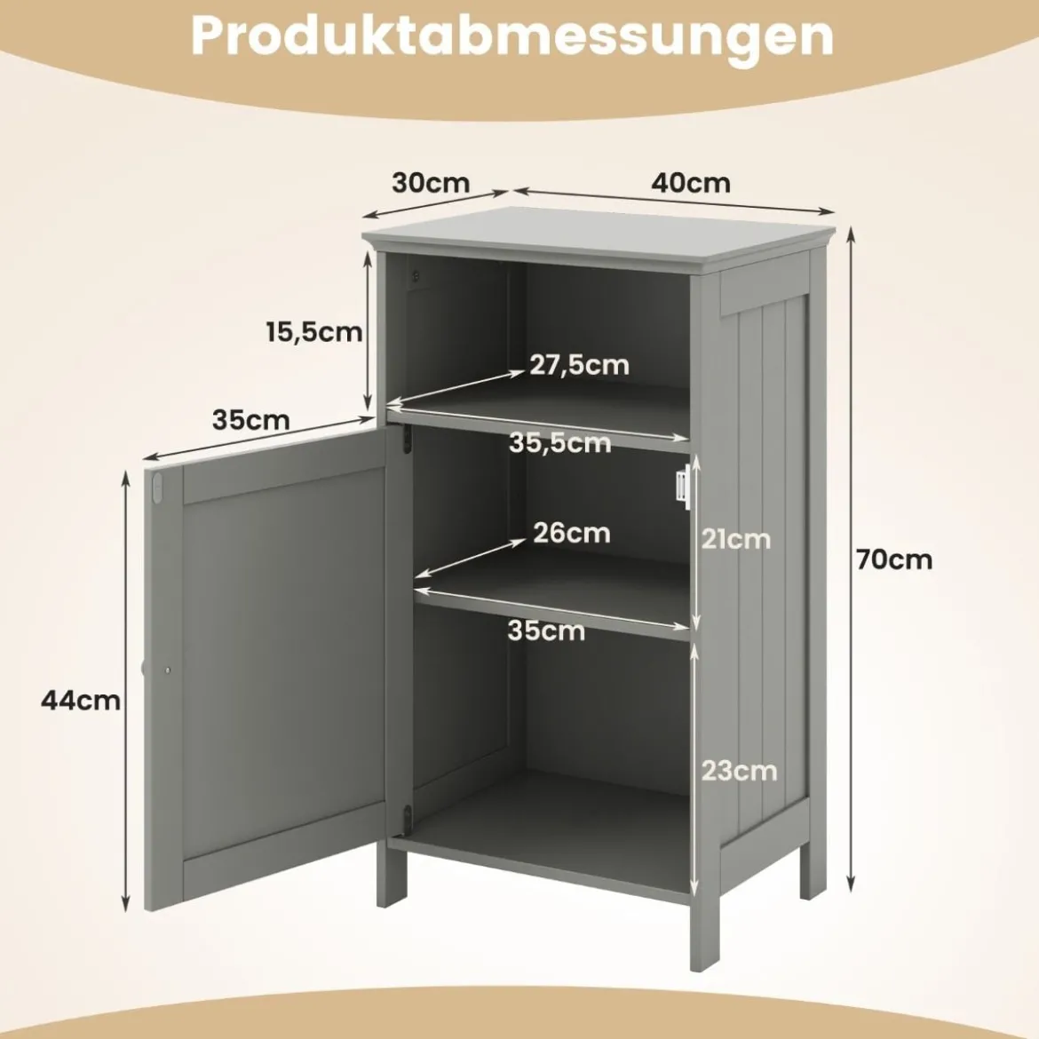 Badezimmerschrank mit Tür & Verstellbarem Regal Multifunktionales Freistehendes Regal Grau