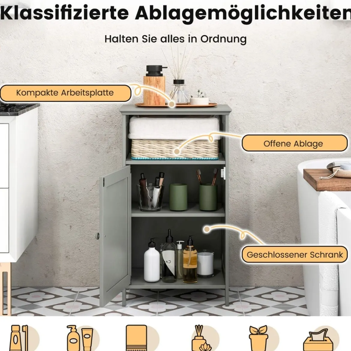 Badezimmerschrank mit Tür & Verstellbarem Regal Multifunktionales Freistehendes Regal Grau