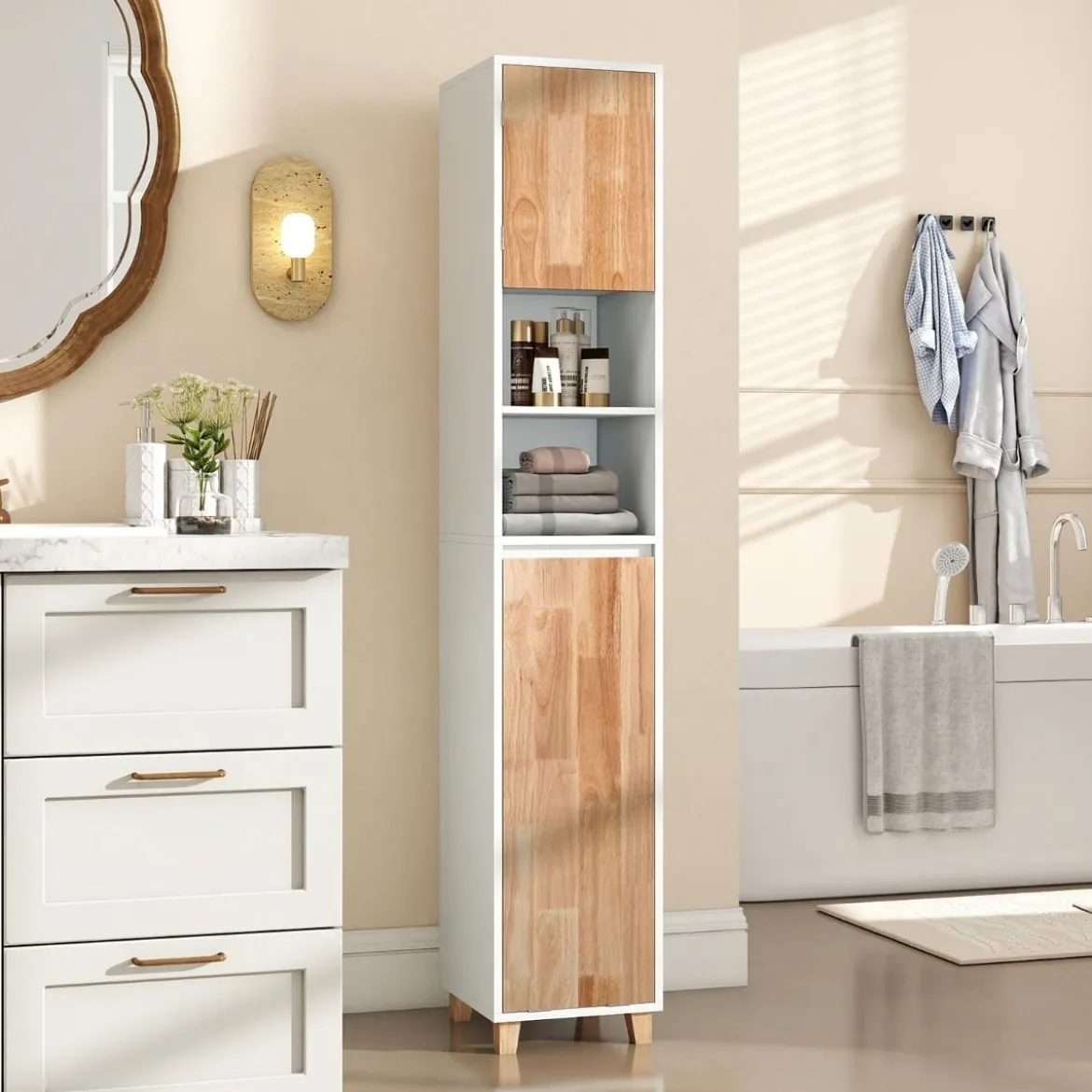 Badezimmerschrank mit Wäschekorb & 2 Offenem Fächern Holz Bad Hochschrank