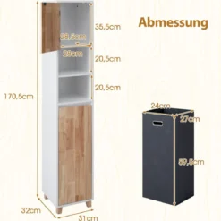 Badezimmerschrank mit Wäschekorb & 2 Offenem Fächern Holz Bad Hochschrank