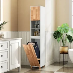 Badezimmerschrank mit Wäschekorb & 2 Offenem Fächern Holz Bad Hochschrank