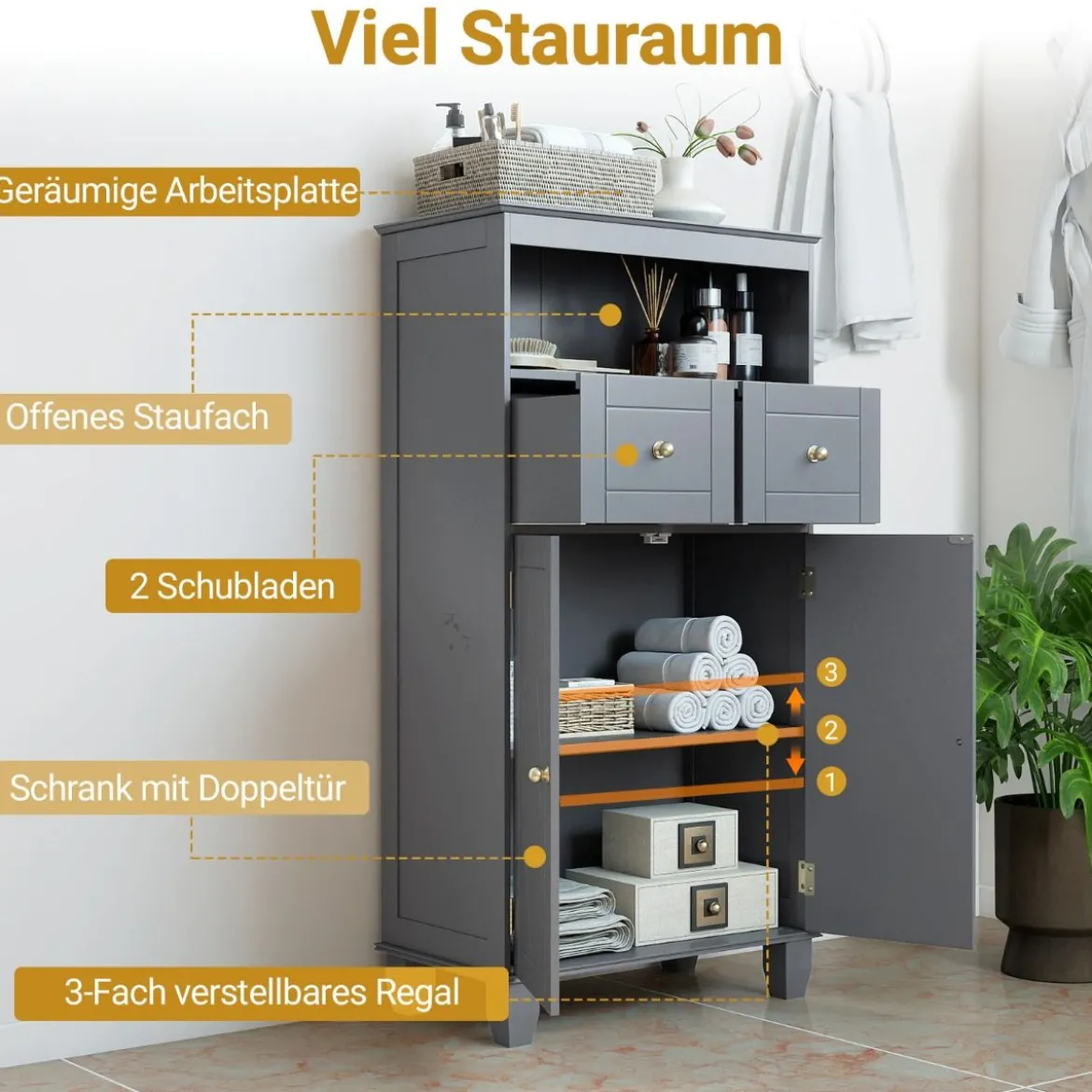 Badezimmerschrank moderner freistehender Aufbewahrungsorganizer mit Türen Grau
