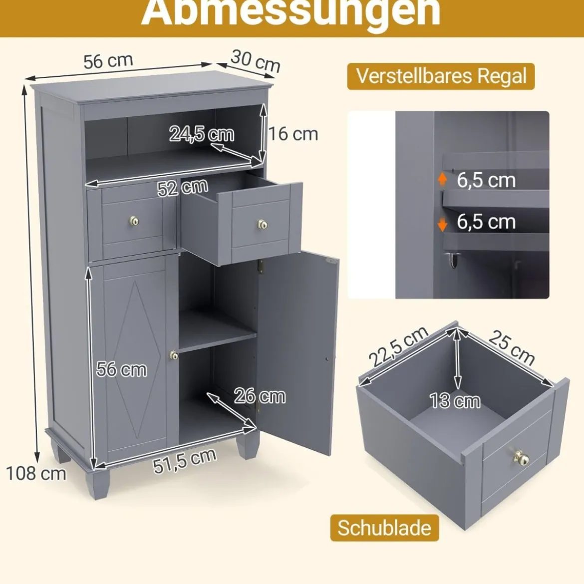 Badezimmerschrank moderner freistehender Aufbewahrungsorganizer mit Türen Grau