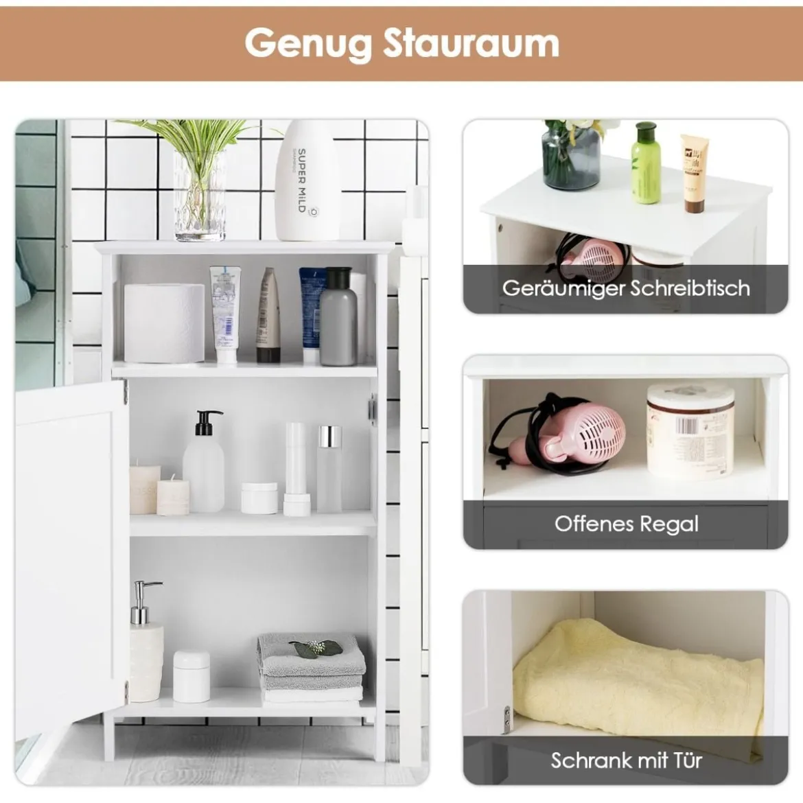Badezimmer-Schrank Multifunktionales Freistehendes Regal mit Tür 40 X 30 X 70 cm Weiß