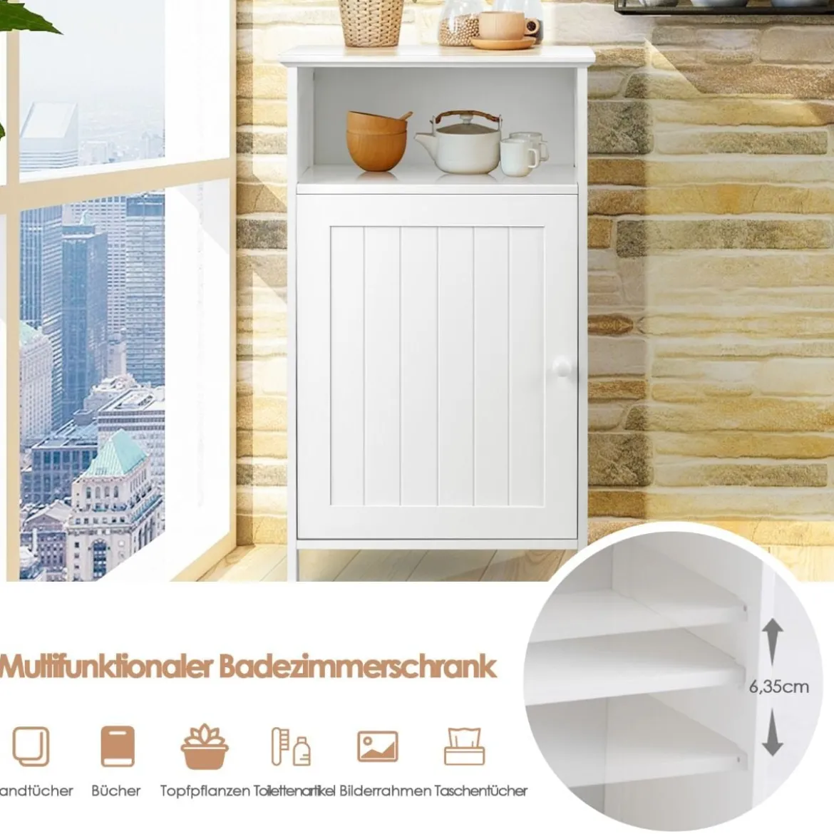 Badezimmer-Schrank Multifunktionales Freistehendes Regal mit Tür 40 X 30 X 70 cm Weiß