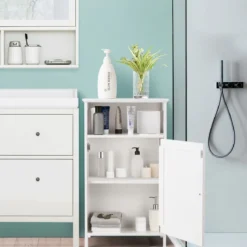 Badezimmer-Schrank Multifunktionales Freistehendes Regal mit Tür 40 X 30 X 70 cm Weiß